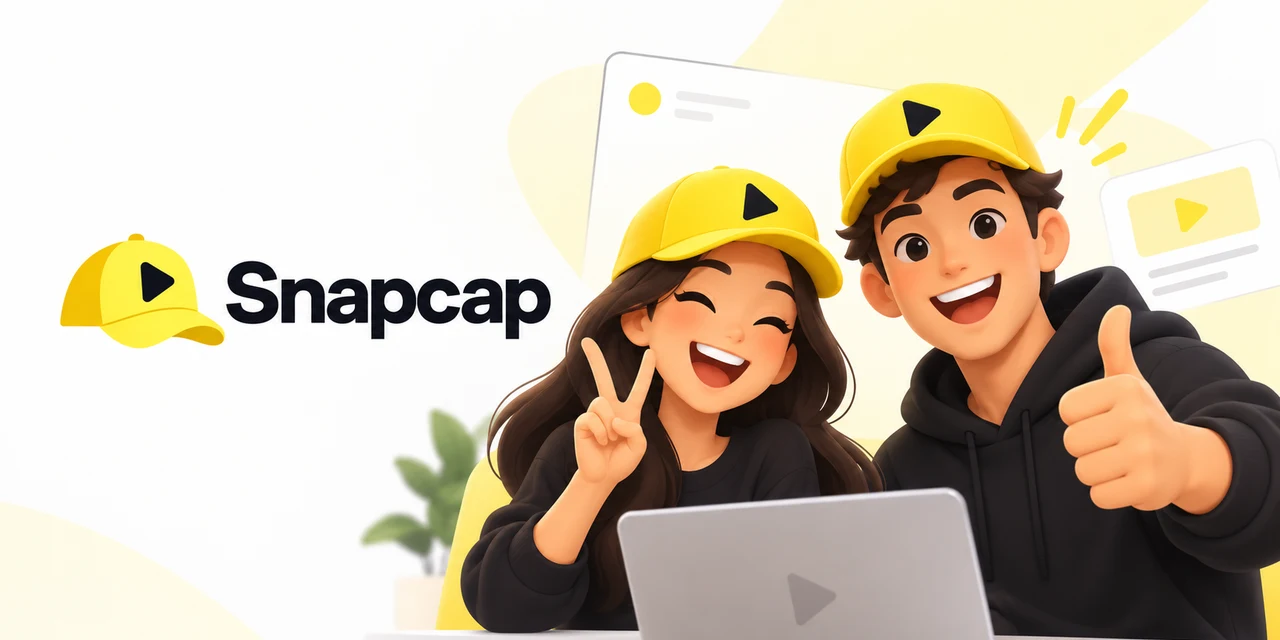 The Snapcap logo, a yellow baseball cap with a black play button, next to two smiling people in matching yellow caps behind a laptop