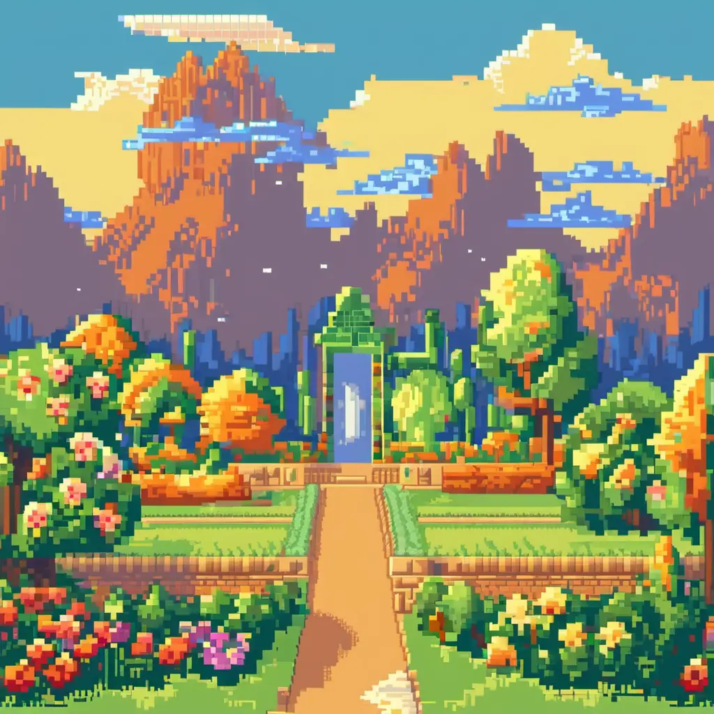 Pixel-art storybook landscape with mountains and a mysterious garden doorway