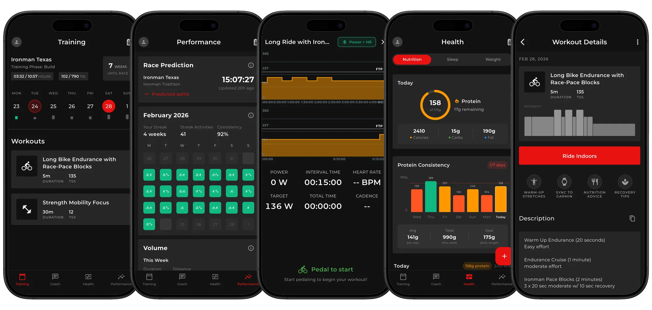 Transition app screens showing training plans, performance tracking, indoor cycling, nutrition, and workout details